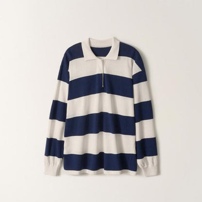 Damen Poloshirt Längsarm Gestreift Blau-Weiß