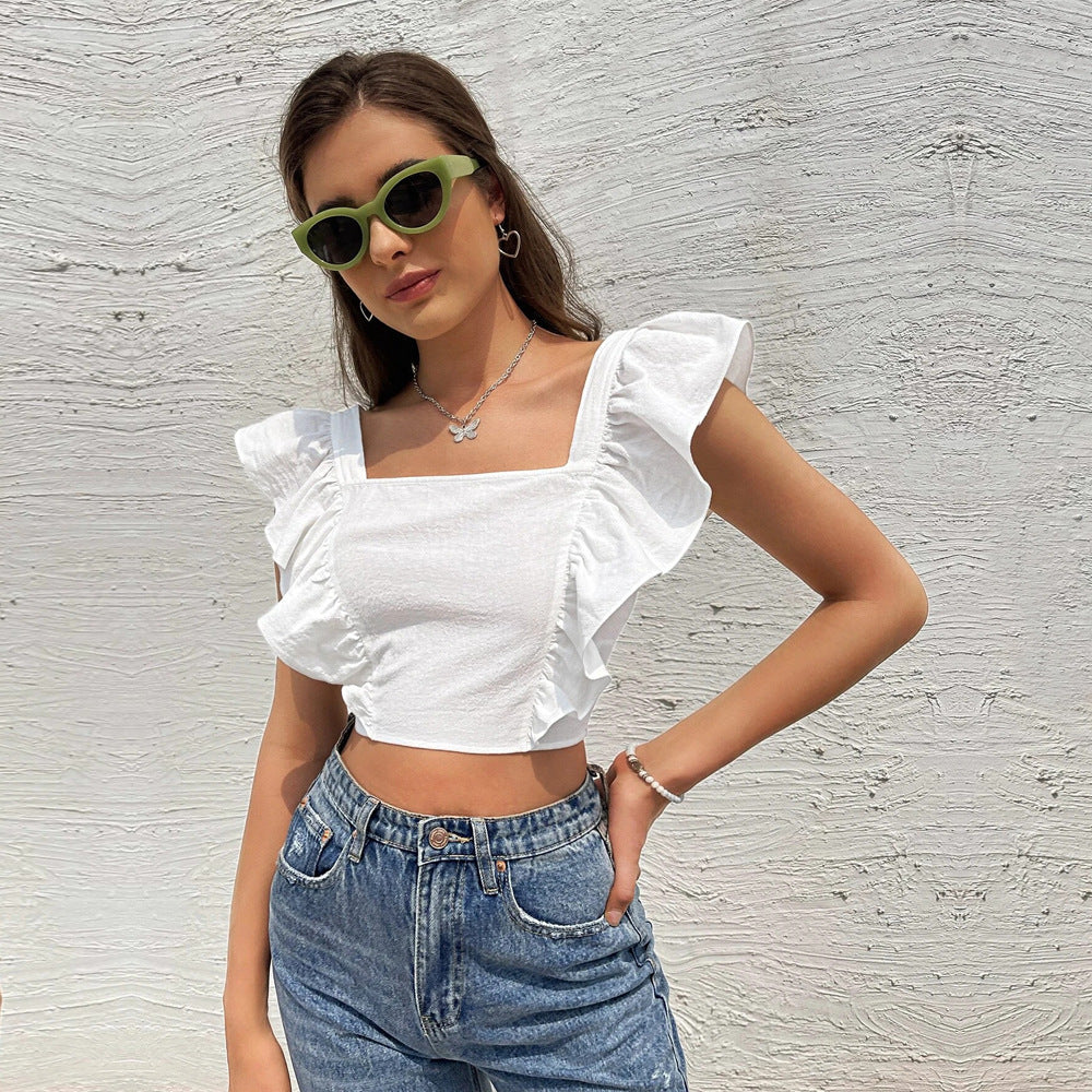 Damen Cropped Rüschendetails Quadrat-Ausschnitt