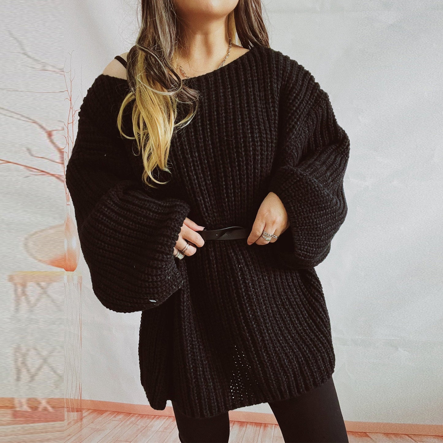 Damen Strickpullover Weit Schnitt Überschnittene Schultern Beige