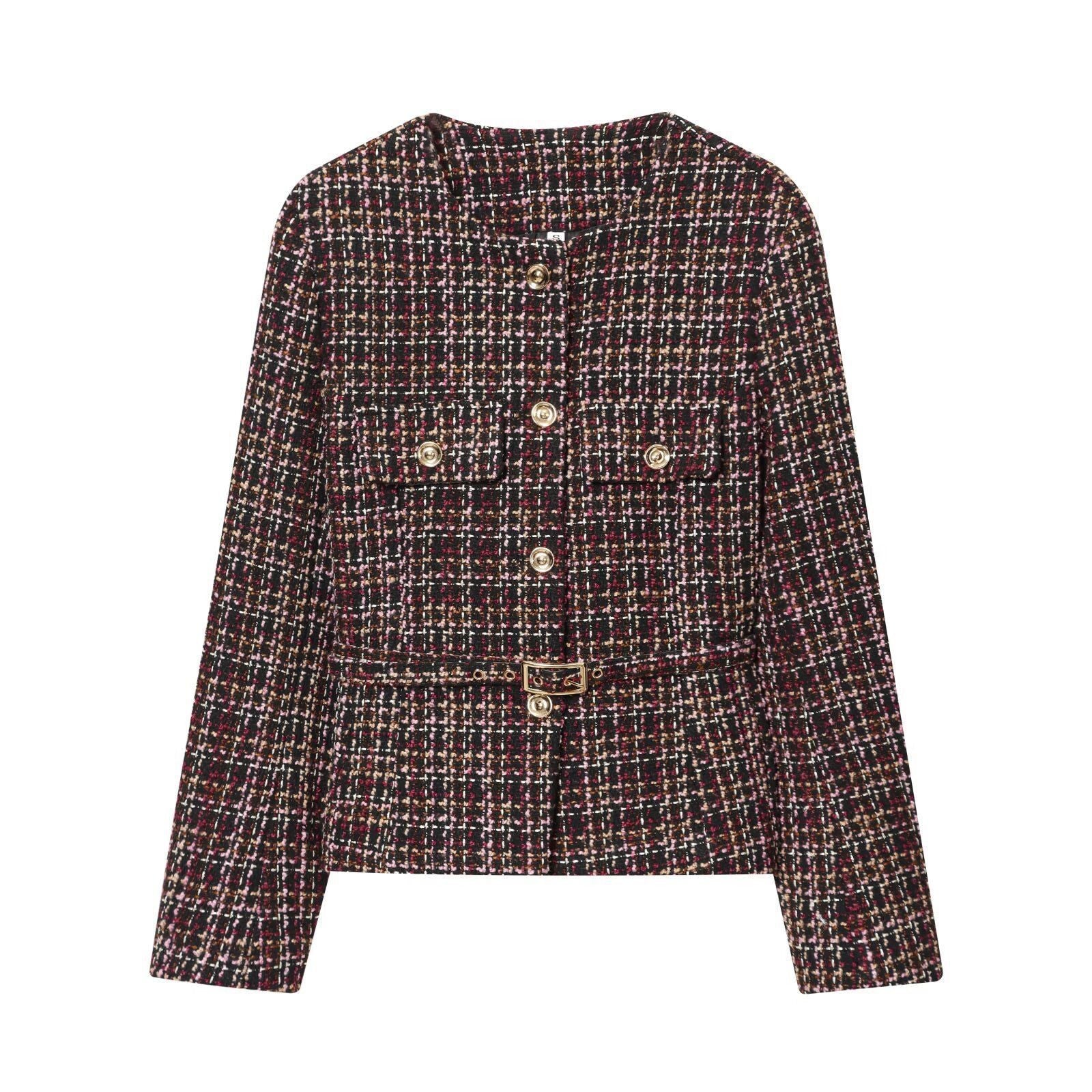 Damen Tweedjacke mit Knöpfen und abnehmbarem Gürtel Schwarz - Eveloria