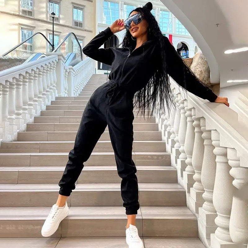 Damen Jumpsuit Bequem Kontrastreißverschluss