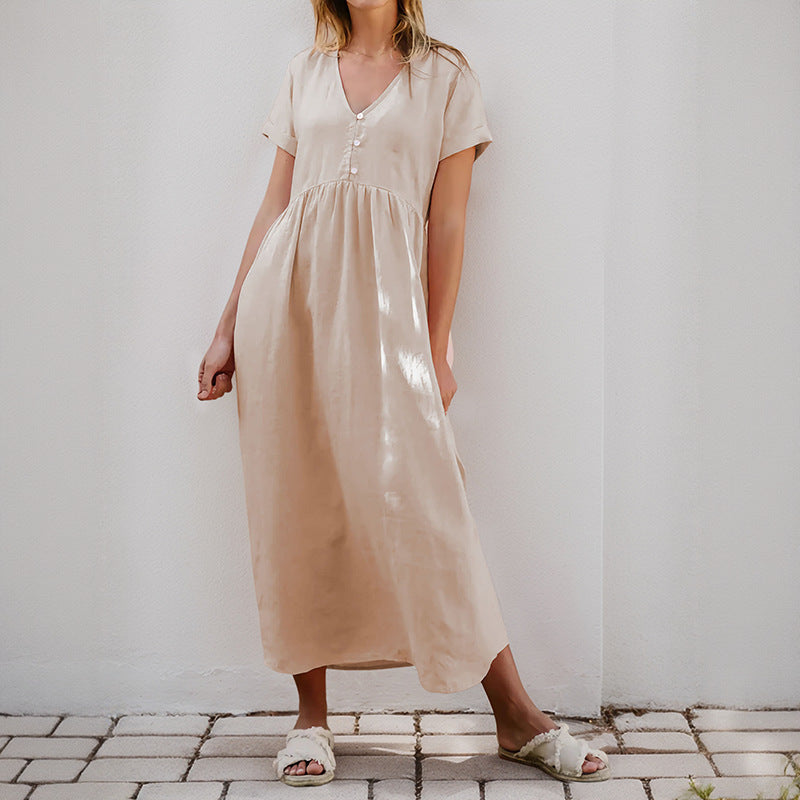 Damen Maxikleid V-Ausschnitt Dekorative Knöpfe Eveloria