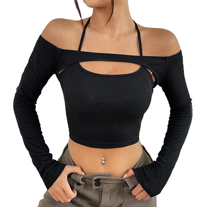 Damen Off-Shoulder Asymmetrisch Langärmlig Crop-