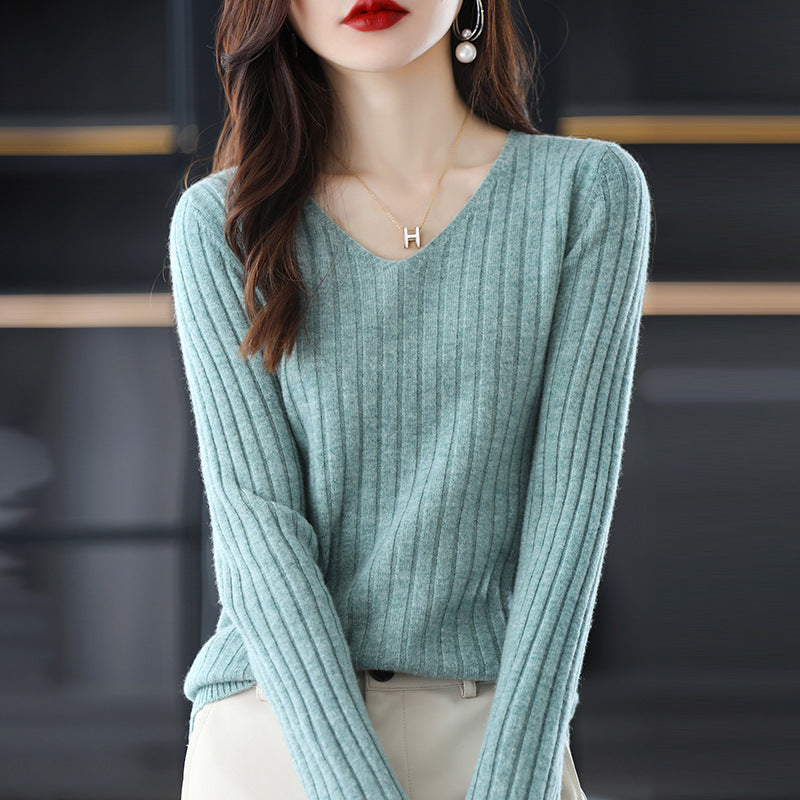 Damen Strickpullover V-Ausschnitt Feine Rippenstruktur Eveloria
