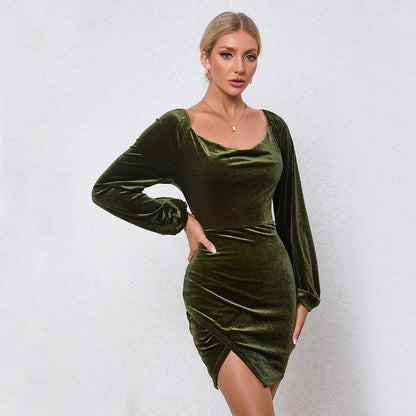 Damen Minikleid aus Samt mit Schlüsselausschnitt und Puffärmeln