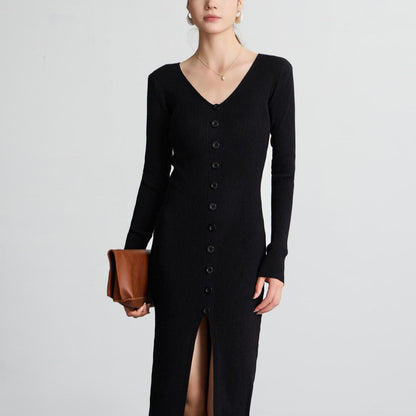 Damen Langarm Strickkleid V-Ausschnitt Durchgehende Knopfleiste