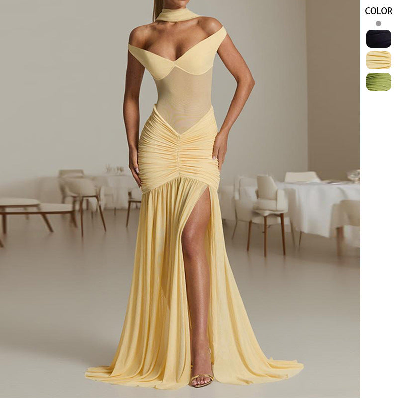 Damen Maxikleid Schulterfrei Raffung Eveloria - Eveloria