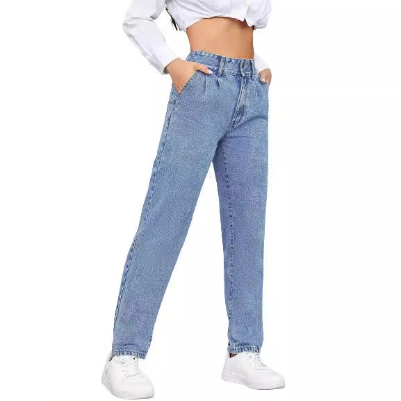 Damen High-Waist Boyfriend Jeans Klassischer Schnitt Knopfblau