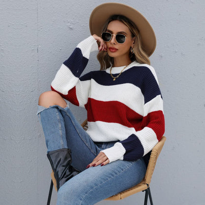 Damen Strickpullover Gestreift Weite Passform Eveloria