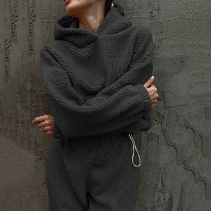 Damen Fleece-Loungewear-Set Elastischer Bund Hoher Kragen Grau