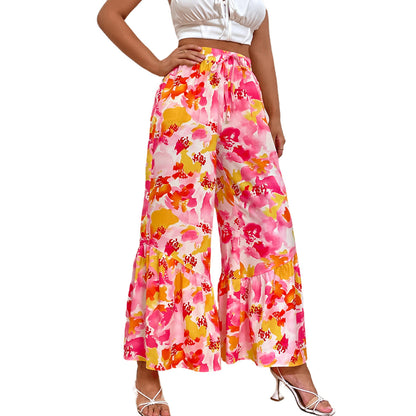 Damen Palazzo-Hose Bunt Blumen Rüschendetails