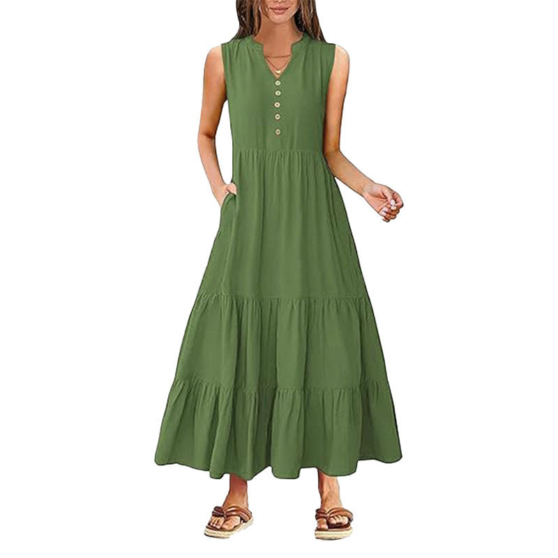 Damen Maxikleid Knopfdetail Seitentaschen Eveloria