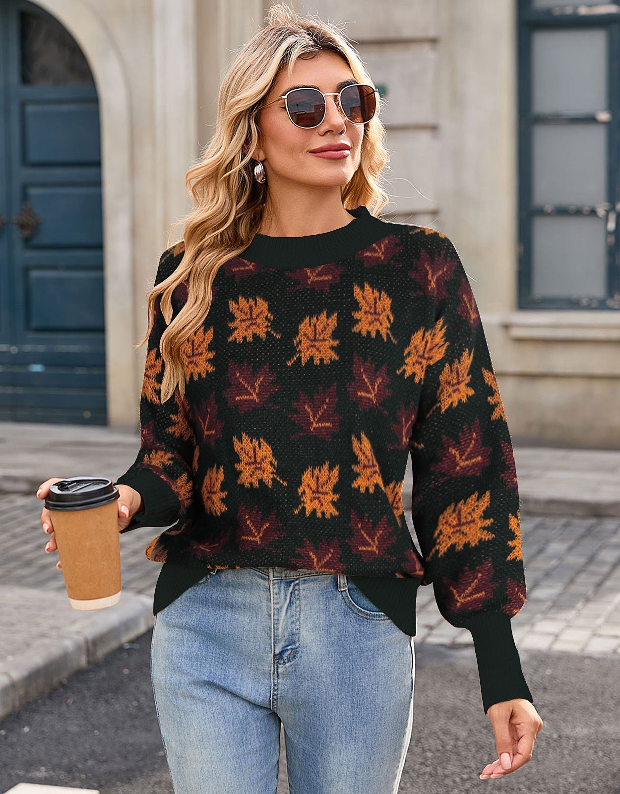 Damen Strickpullover Herbstblätterdesign Eveloria