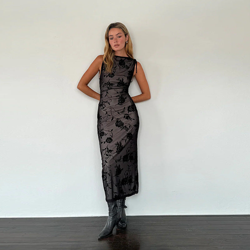 Damen Maxikleid Ärmellos Floralmuster Spitze