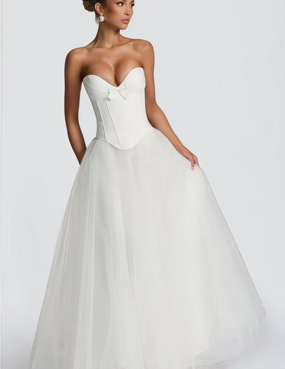 Damen Brautkleid V-Ausschnitt Tüllrock Weißen Hochzeitkleid