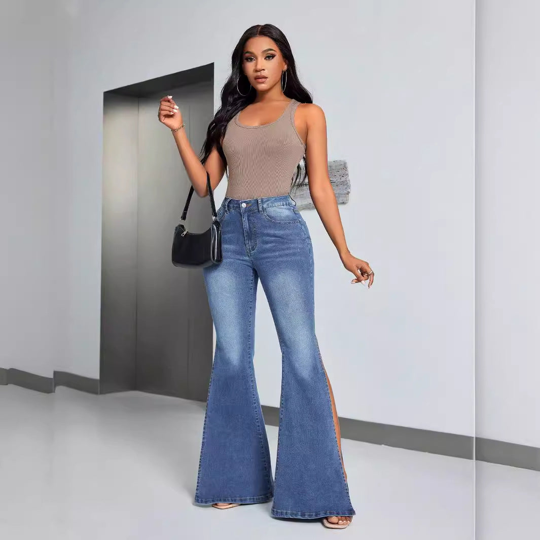 Damen High-Waist Flare Jeans mit Schlitzen Eveloria