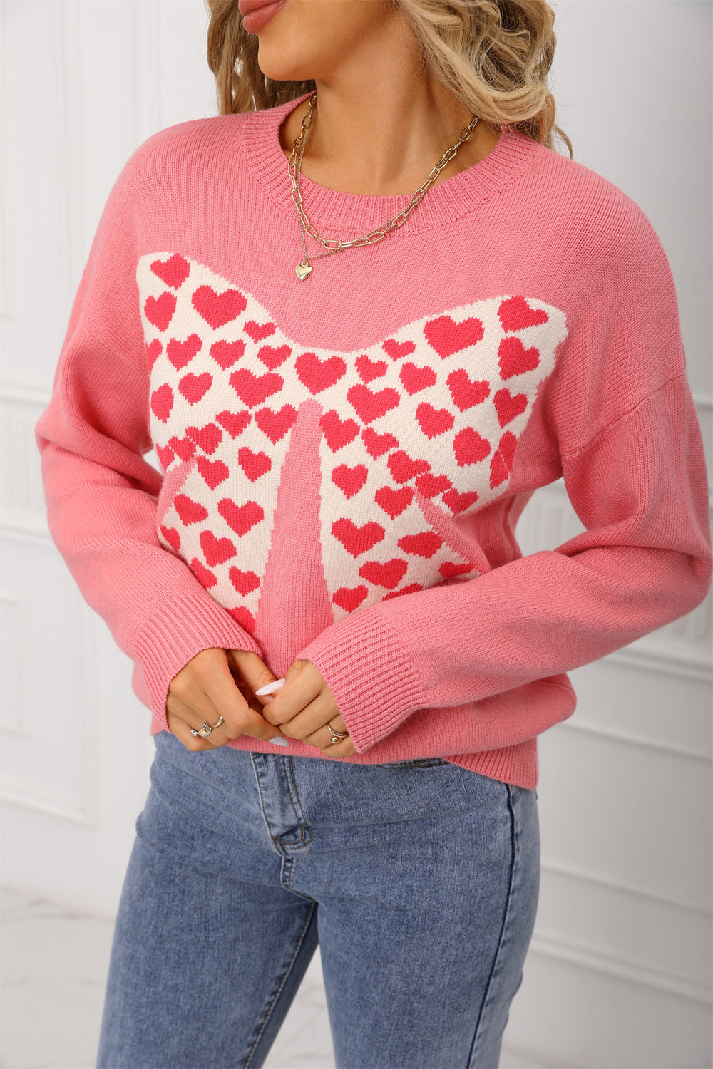 Damen Pullover Herzmotiv Weite Ärmel Beige Eveloria