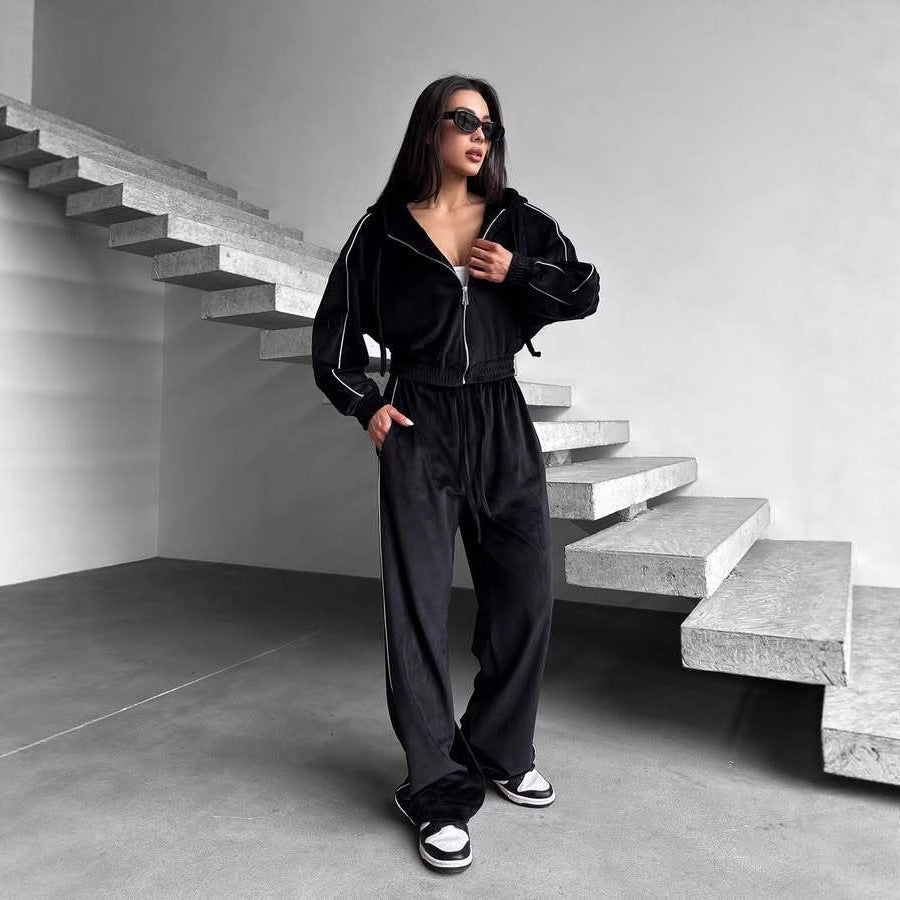 Damen Fleece-Loungewear-Set Hochkragen Kordelzug Grau