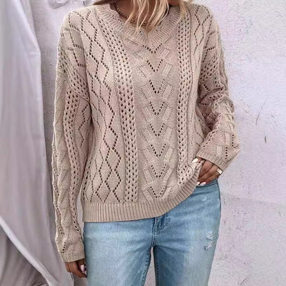 Damen Strickpullover V-Ausschnitt Raffinierte Netzstruktur