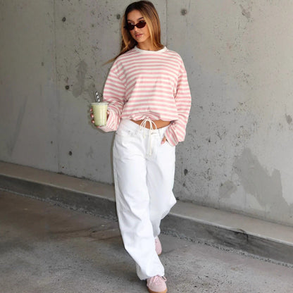 Damen Cropped Sweatshirt Streifen Elastisch Grau