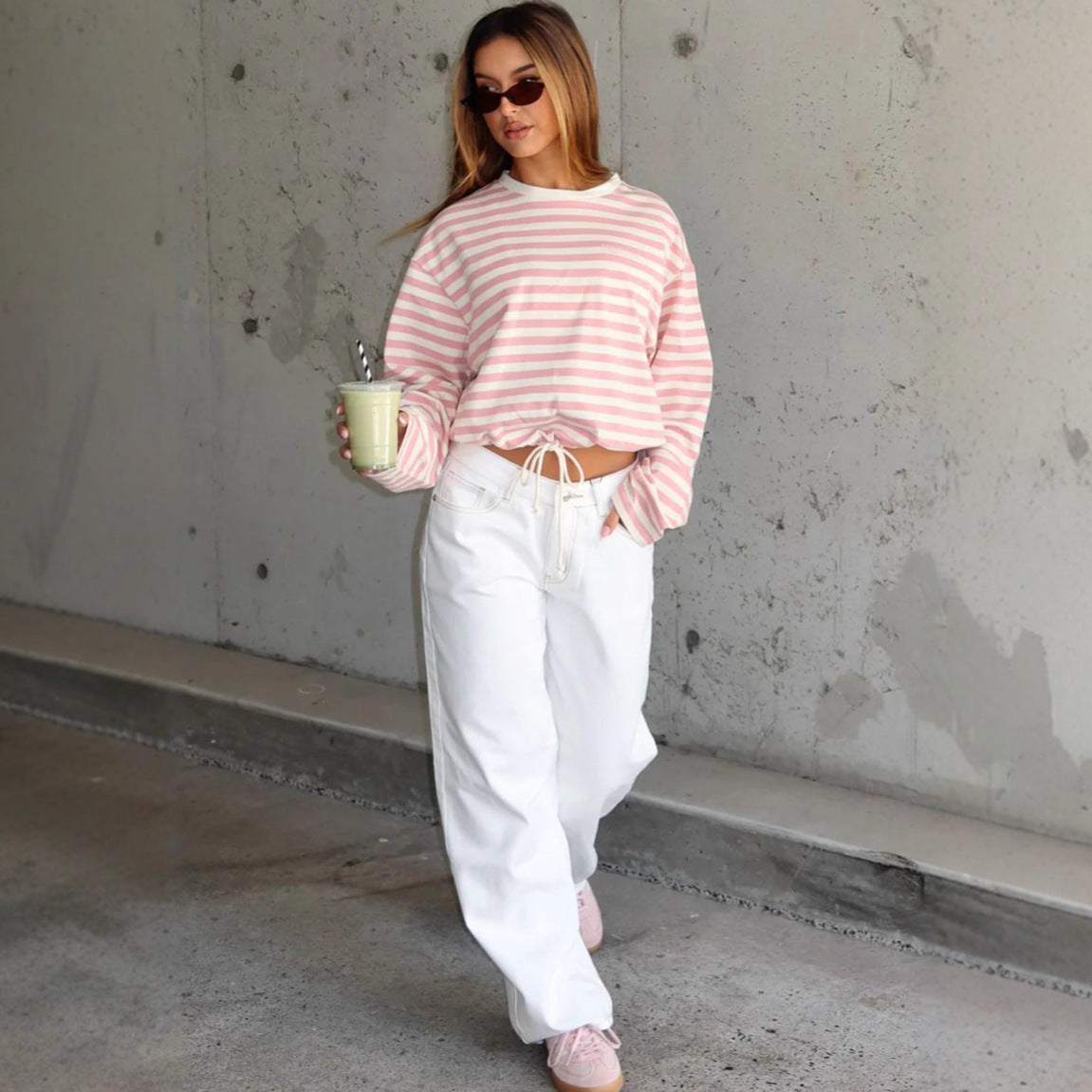 Damen Gestreiftes Crop- mit Kordelzug und Baumwolle Weiß-