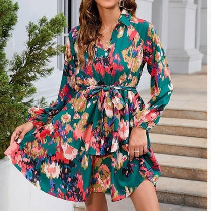 Damen Blusenkleid Floralmuster Mit Bindegürtel Eveloria