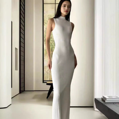 Damen Maxikleid Figurbetont Rippmuster Hochkragen Eveloria