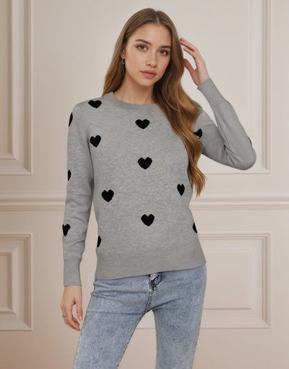 Damen Strickpullover Herz-Design Feine Struktur