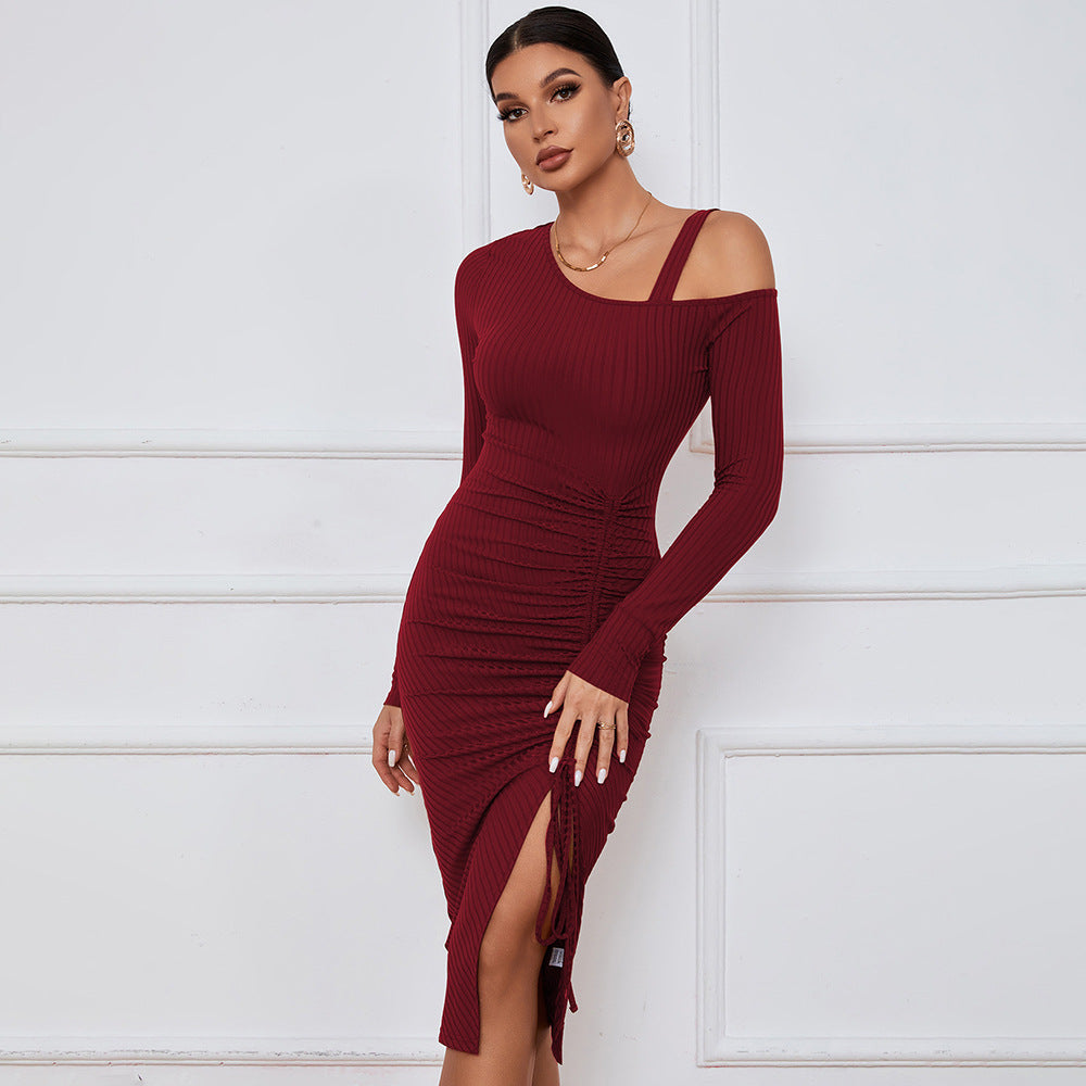 Damen Rippkleid One-Shoulder Ausschnitt Raffung