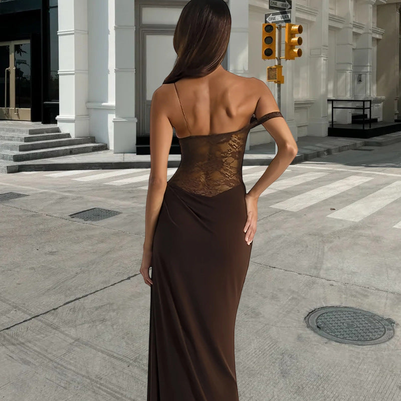 Damen Abendkleid Spitzenoberteil Schulterfrei Fließender Rock Eveloria
