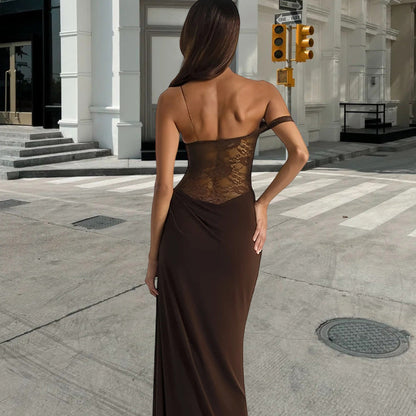Damen Abendkleid Spitzenoberteil Schulterfrei Fließender Rock Eveloria