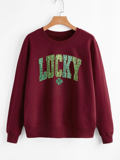 Damen Sweatshirt Glitzernd Kleeblattmotiv Grau Eveloria