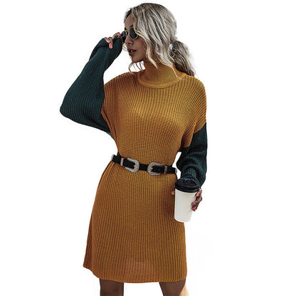 Damen Strickkleid Hochkragen Kontrastärmel Eveloria