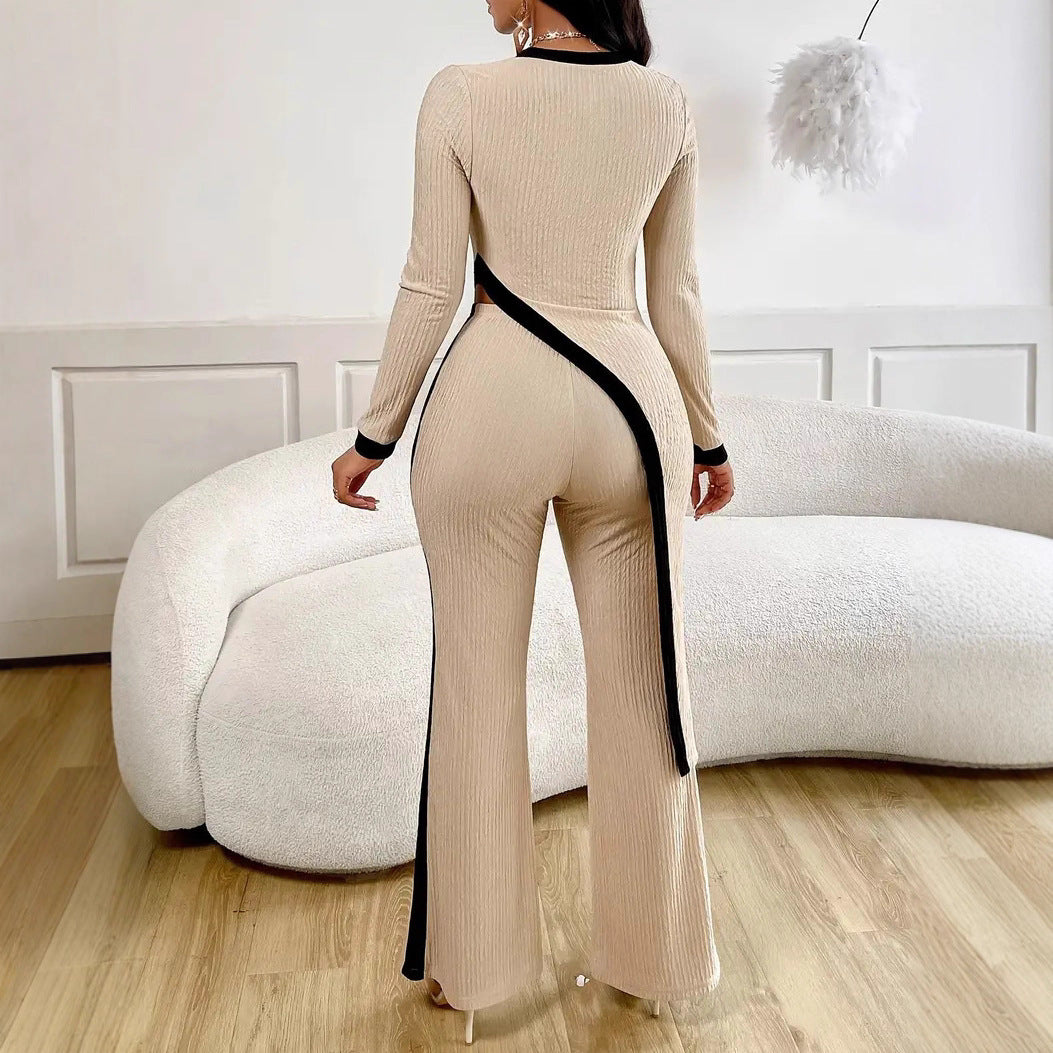 Damen Jumpsuit Asymmetrisch Kontrastpaspel