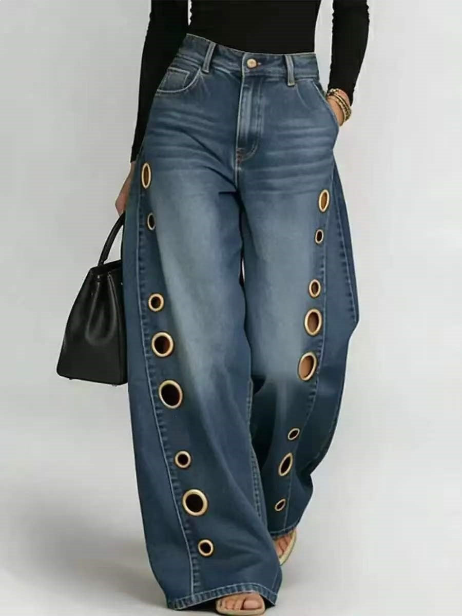 Damen Weite Jeans Dekorative Ösen Hoher Bund Blau Eveloria