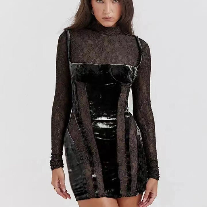 Damen Minikleid Spitze Samt Figurbetont Eveloria