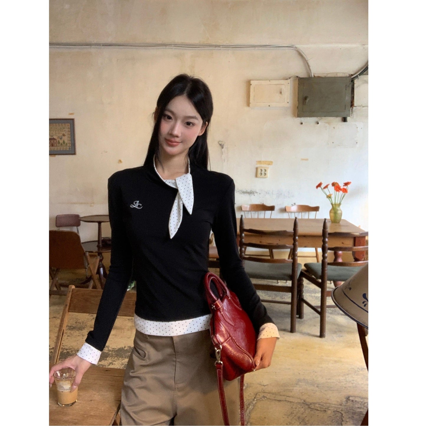 Damen Langarmshirt Gemustert Elegant Kragen Weiß - Eveloria
