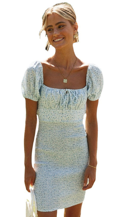 Damen Minikleid Puffärmel Raffung Eveloria