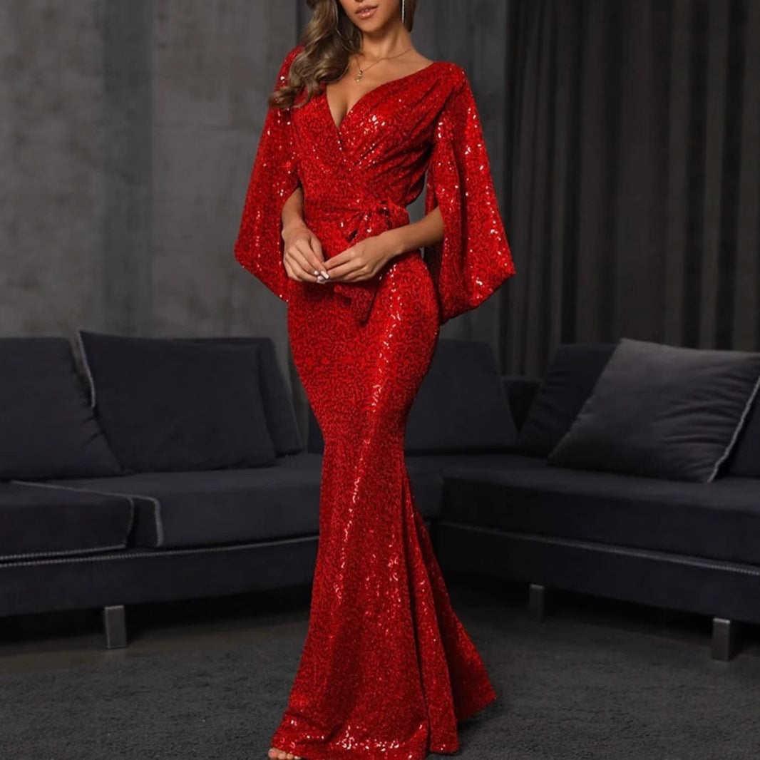 Eveloria Damen Abendkleid Pailletten Mermaid-Design V-Ausschnitt