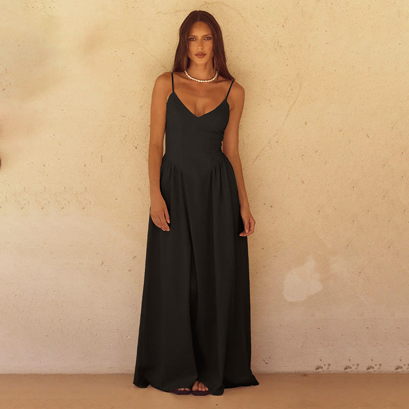 Damen Sommerkleid Langes Spitzenkleid mit Spaghettiträgern Schwarz - Eveloria