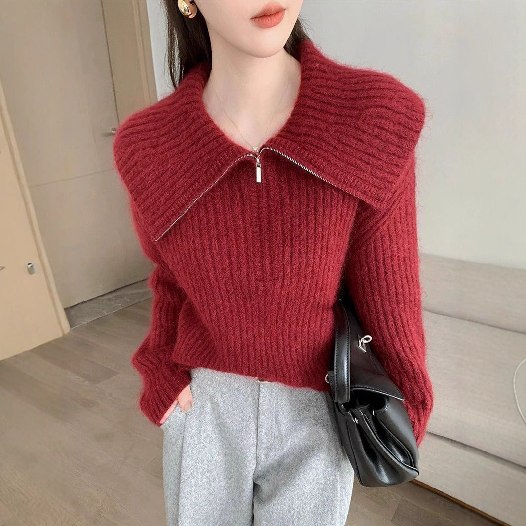 Damen Strickpullover Großkragen Reißverschluss Eveloria - Eveloria