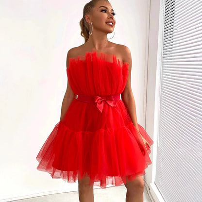 Damen Mini-Kleid Asymmetrisch Rüschen