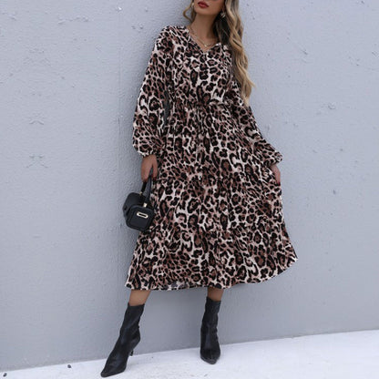 Damen Midi Wickelkleid Leoprint Rüschen Elegant Schwarz - Eveloria