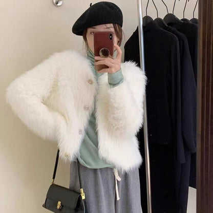 Damen Kurzjacke Flauschig Elegant Knöpfe Eveloria