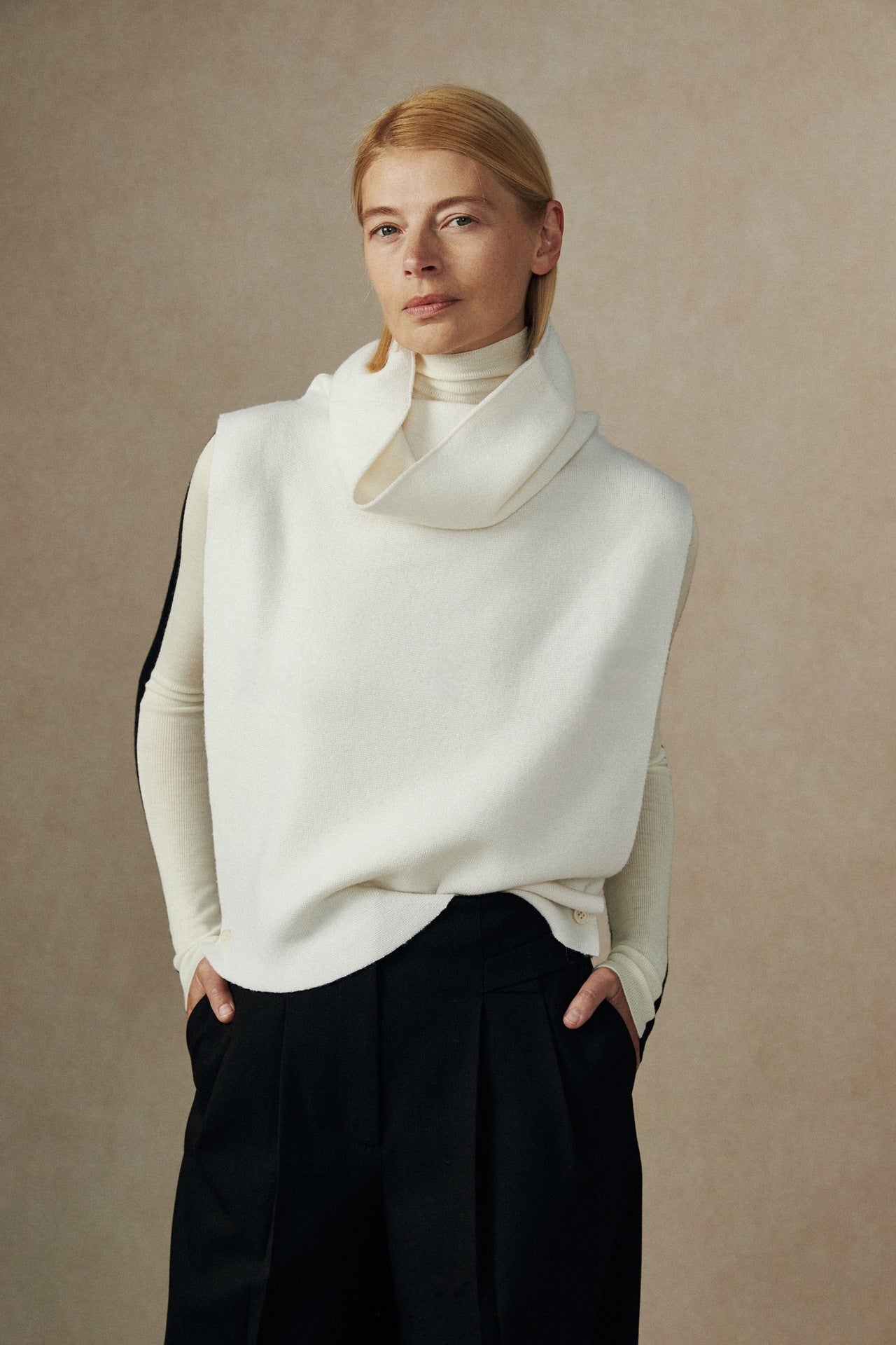 Damen Strickweste Lässig Hochgeschlagener Kragen Beige