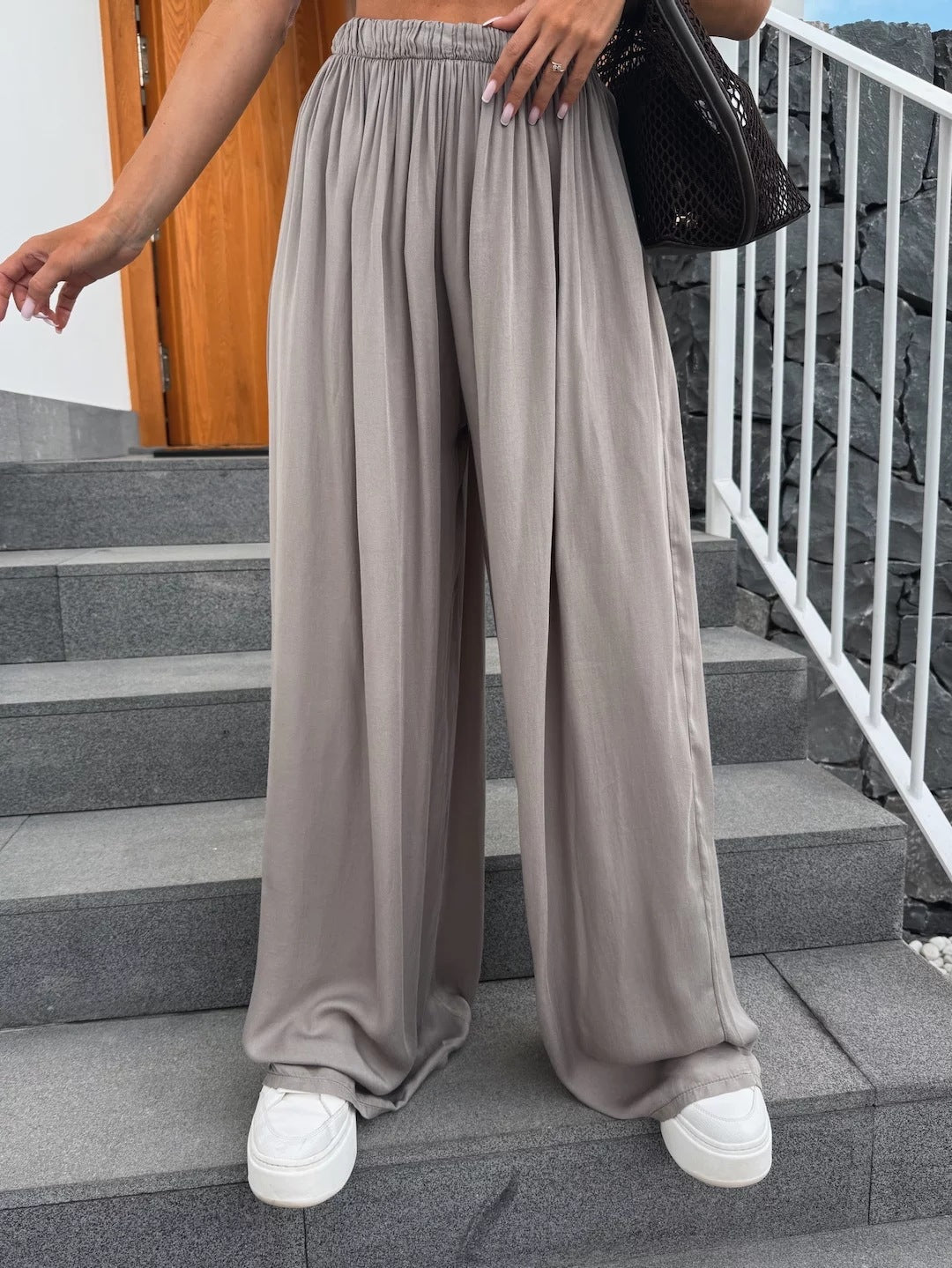 Damen Palazzo-Hose Elastischer Bund Weite Passform Beige