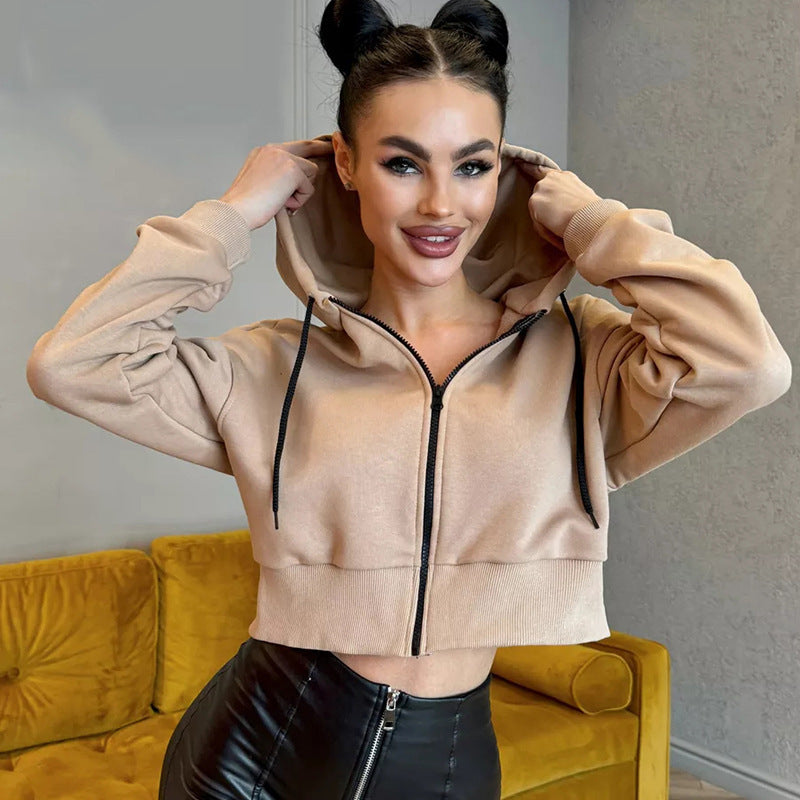 Damen Cropped Hoodie Sportlich mit Kängurutasche und weiten Ärmeln