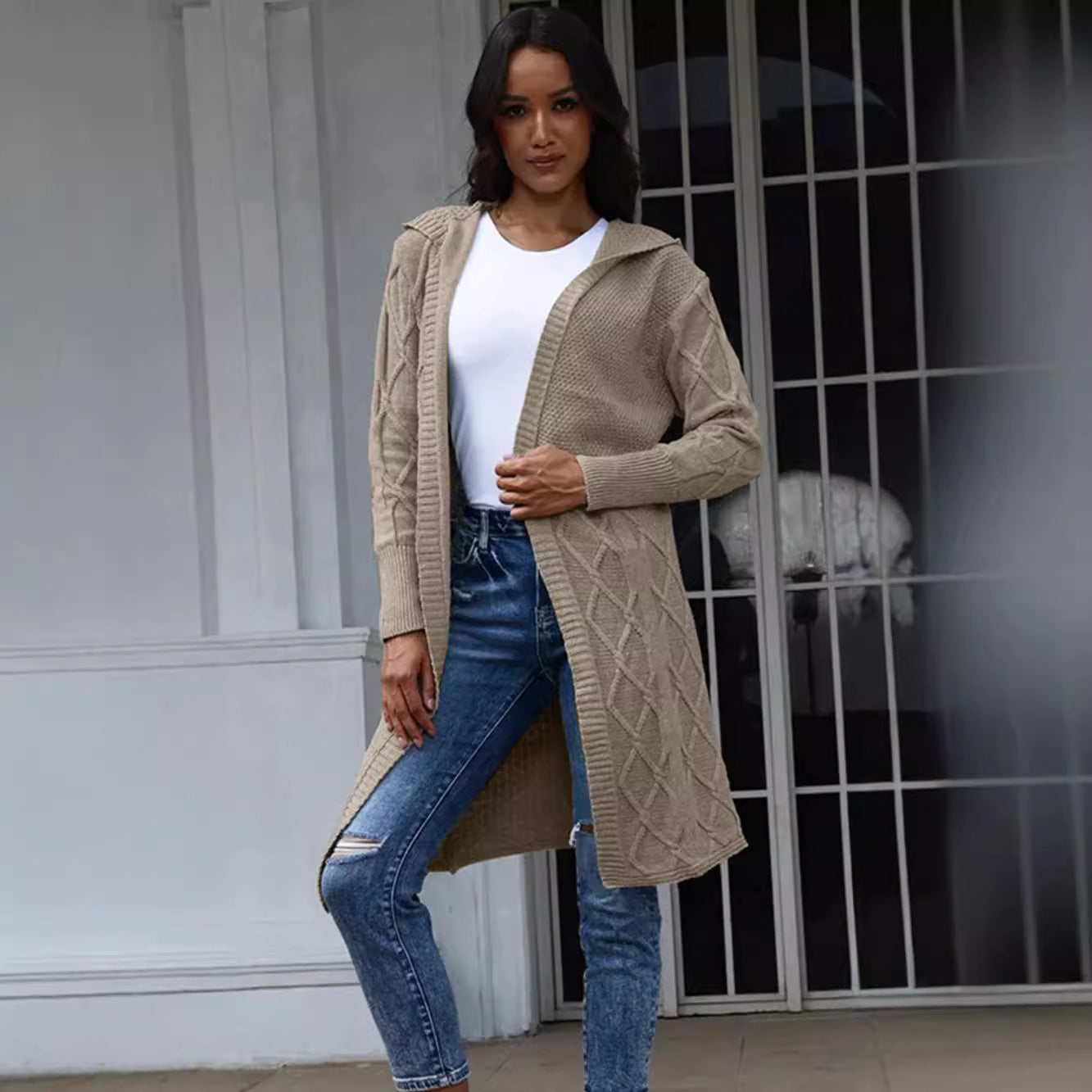Damen Strickjacke mit Kapuze Zopfmuster Eveloria