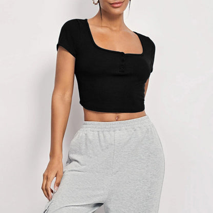Damen Cropped Quadratischer Ausschnitt Knopfleiste - Eveloria