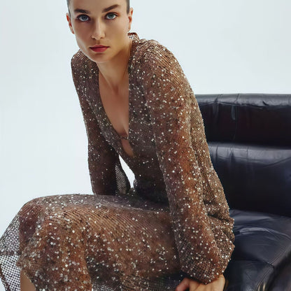 Damen Paillettenkleid mit V-Ausschnitt und langen Ärmeln Eveloria